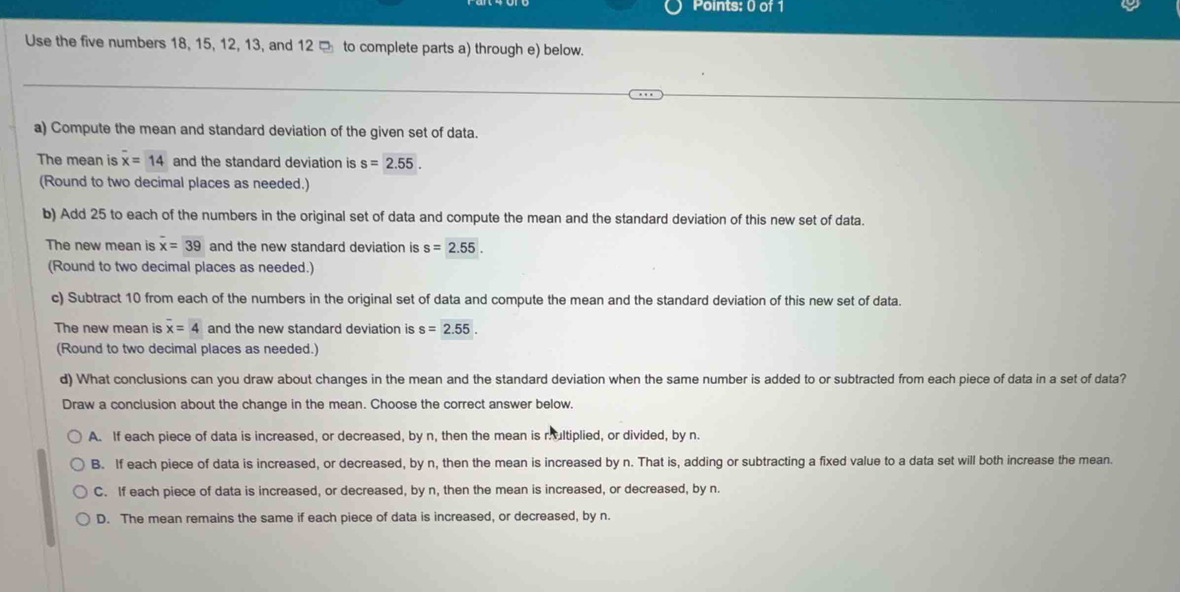 use the five numbers 18, 15, 12, 13, and 12 to complete parts a) throug…