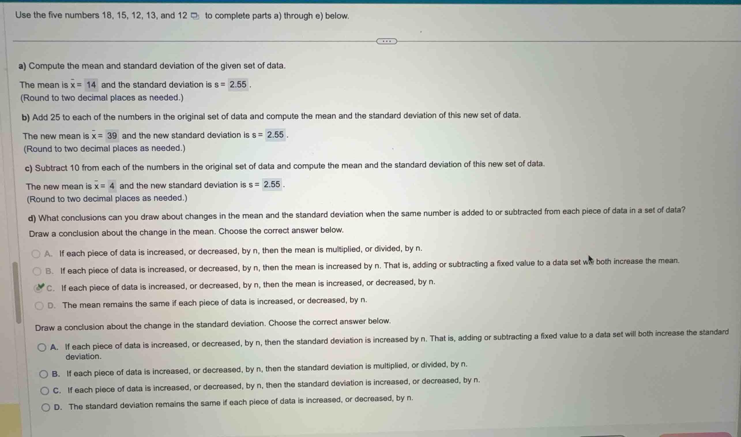 use the five numbers 18, 15, 12, 13, and 12 to complete parts a) throug…