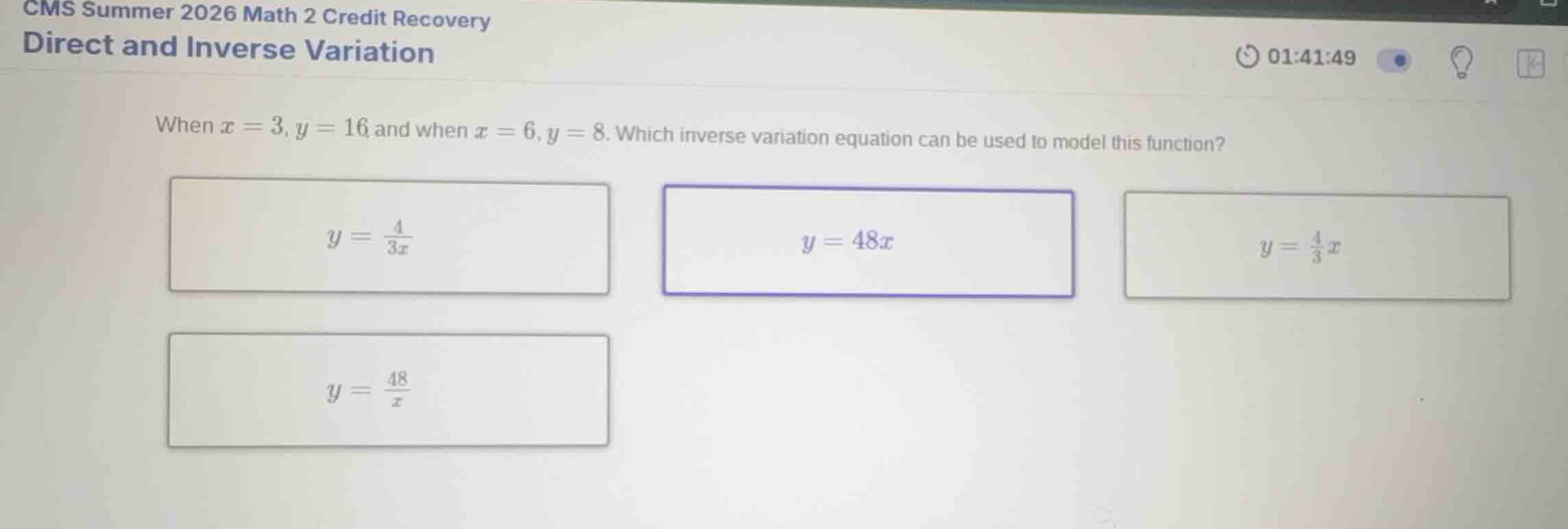 when \\(x = 3\\), \\(y = 16\\) and when \\(x = 6\\), \\(y = 8\\). which…