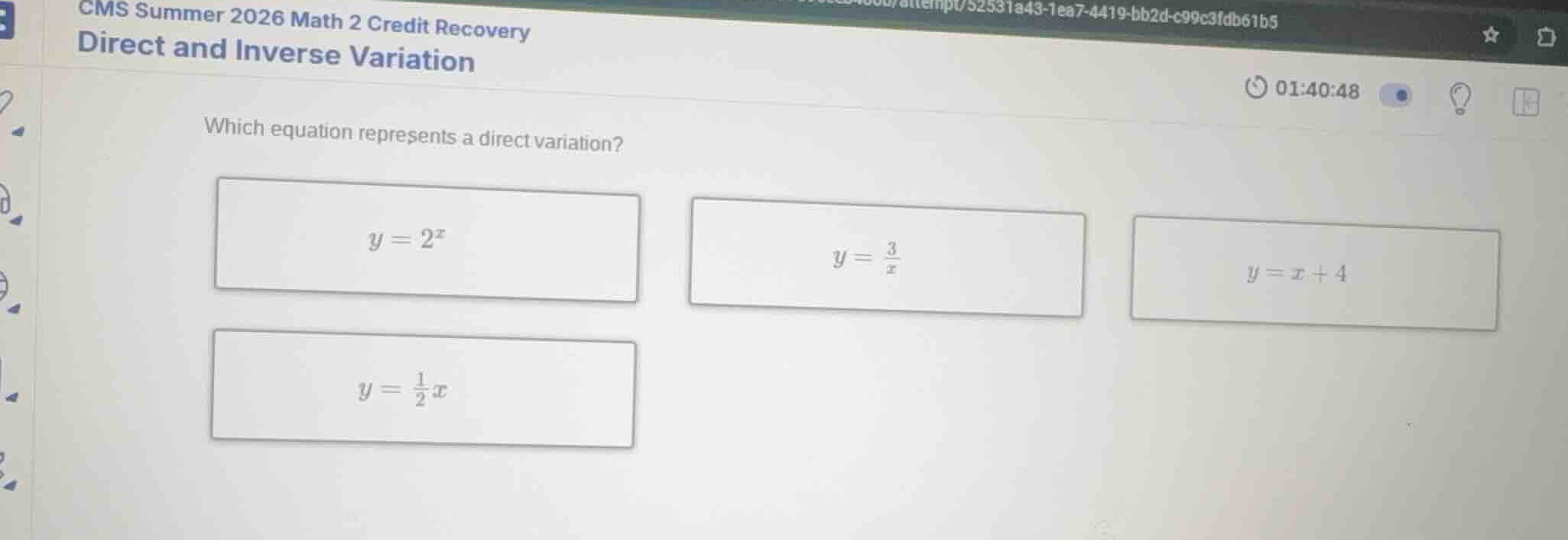 which equation represents a direct variation? \\(y = 2^x\\) \\(y = \\fr…