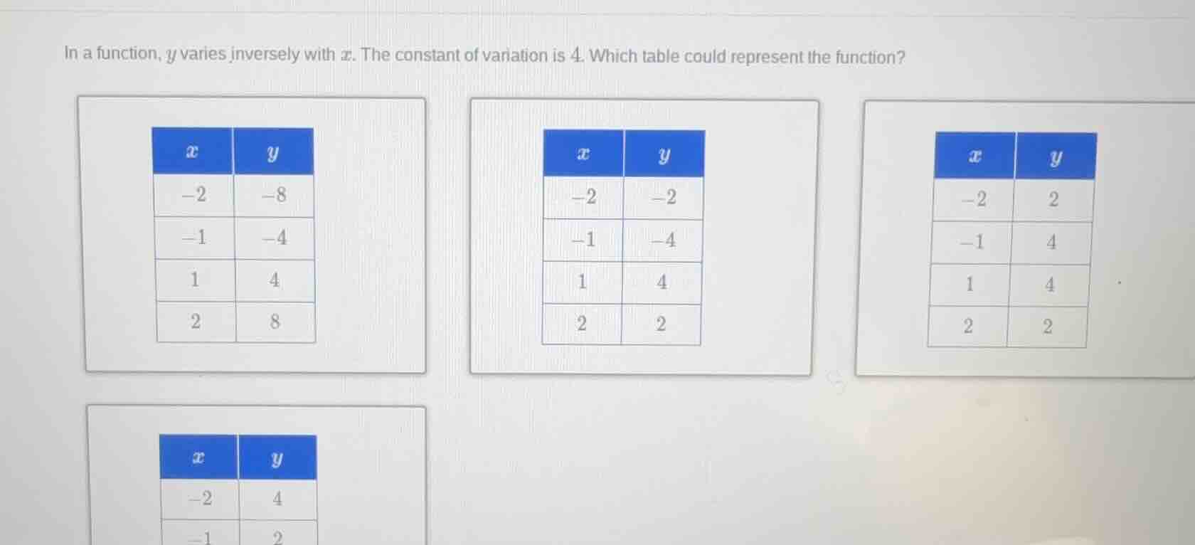 in a function, \\(y\\) varies inversely with \\(x\\). the constant of v…