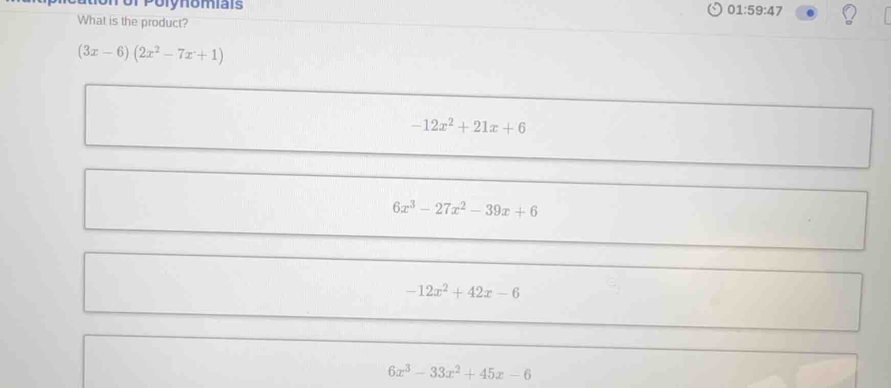 multiplication of polynomials what is the product? \\((3x - 6)(2x^2 - 7…