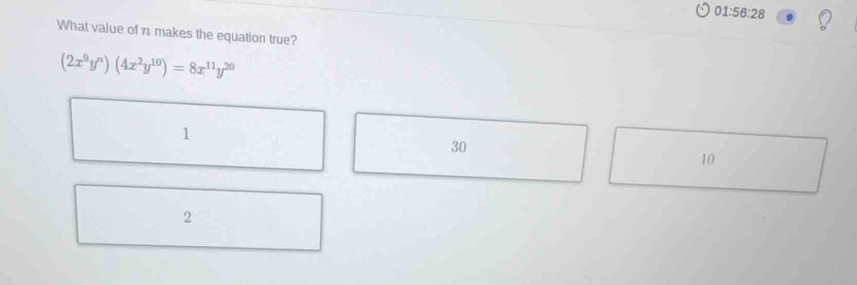 what value of \\(n\\) makes the equation true? \\((2x^9y^n)(4x^2y^{10})…