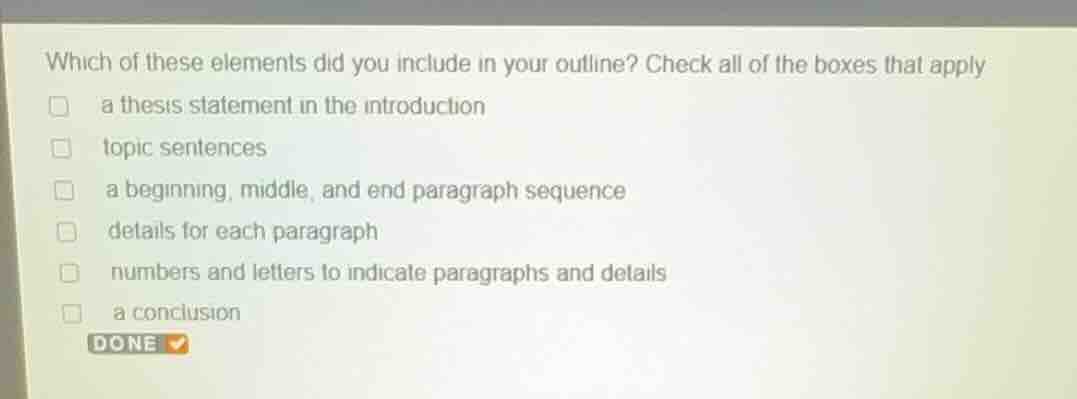 which of these elements did you include in your outline? check all of t…