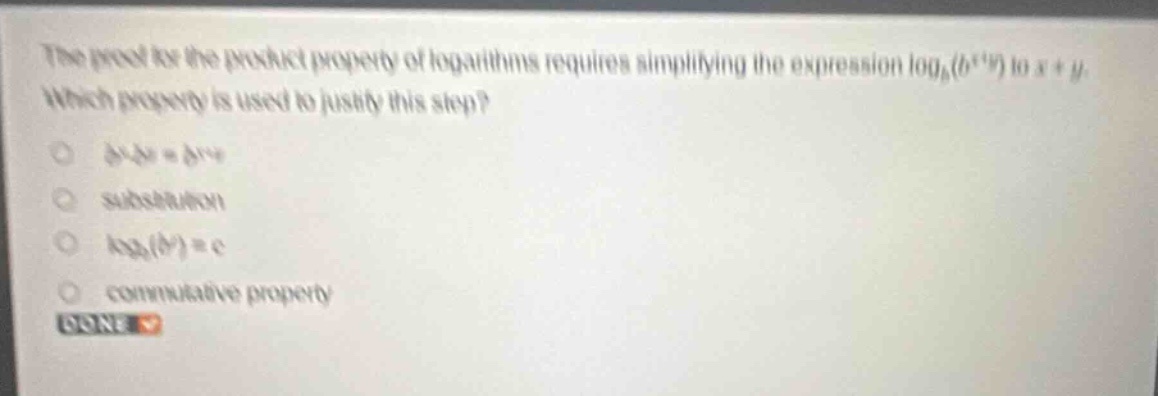 the proof for the product property of logarithms requires simplifying t…