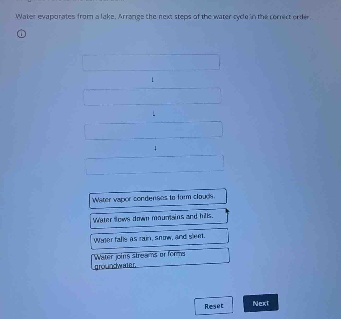 water evaporates from a lake. arrange the next steps of the water cycle…