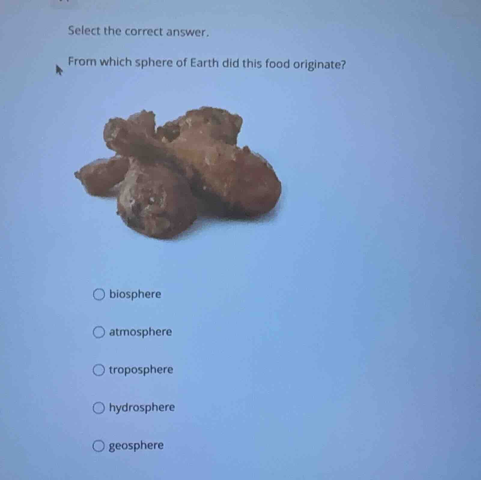 select the correct answer. from which sphere of earth did this food ori…