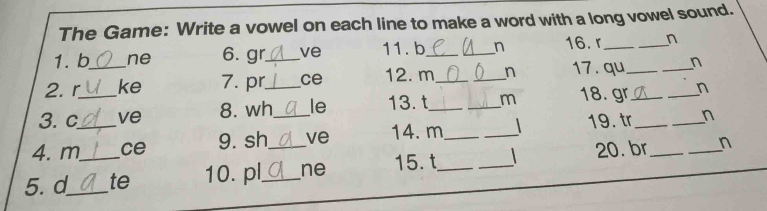 the game: write a vowel on each line to make a word with a long vowel s…