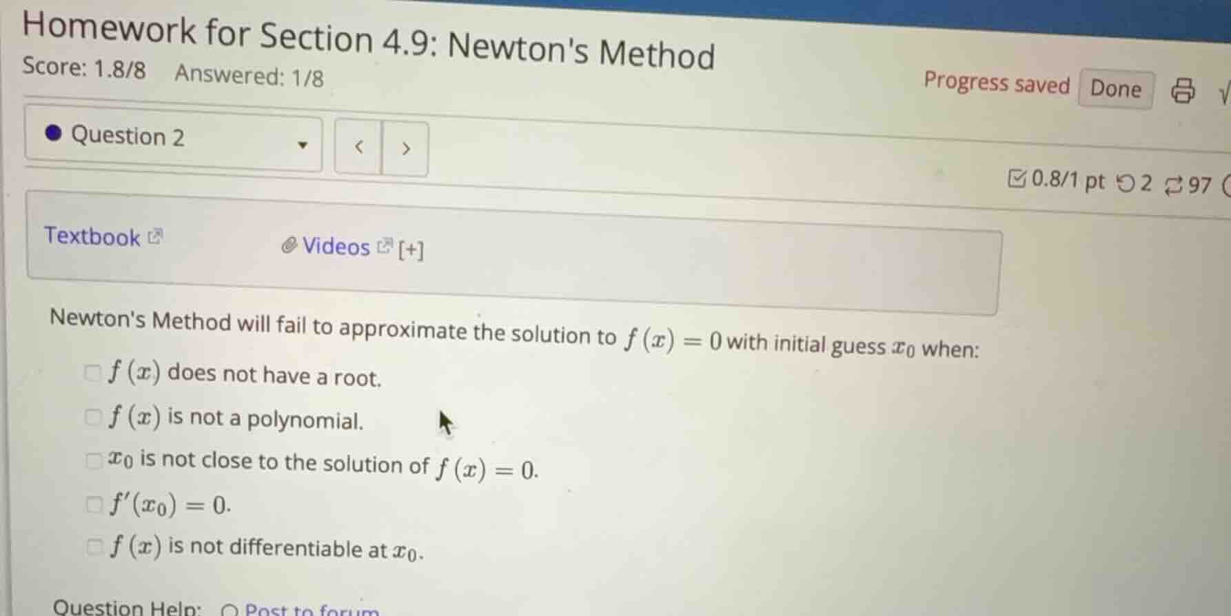 newtons method will fail to approximate the solution to \\(f(x) = 0\\) …