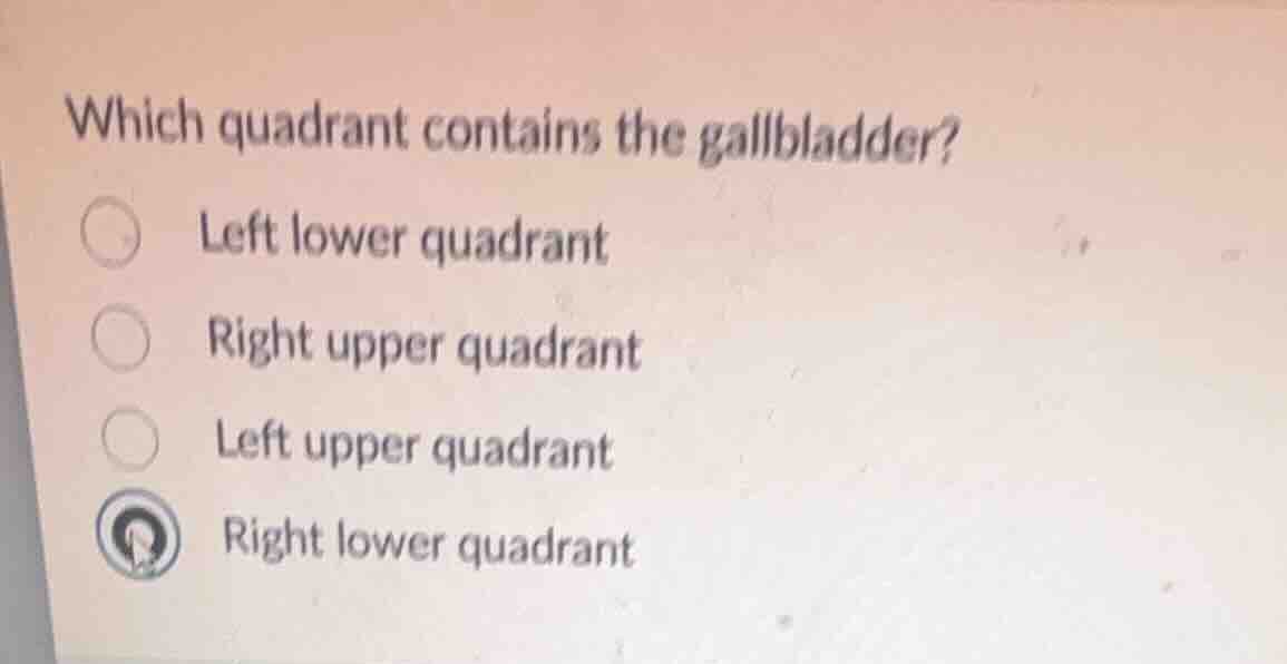 which quadrant contains the gallbladder? left lower quadrant right uppe…