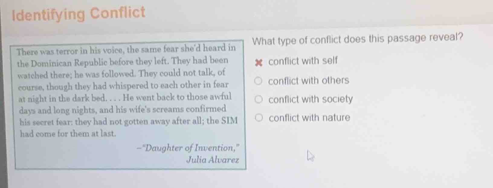 identifying conflict there was terror in his voice, the same fear shed …