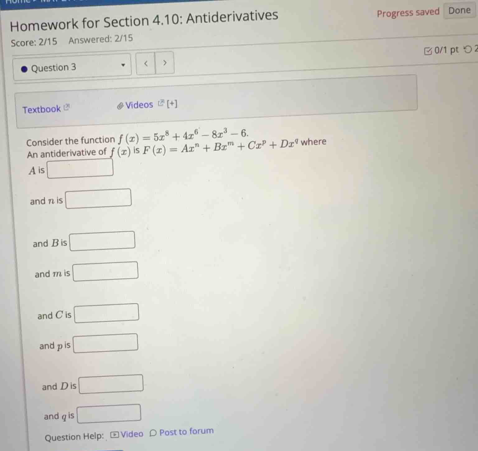 consider the function \\(f(x) = 5x^8 + 4x^6 - 8x^3 - 6\\). an antideriv…