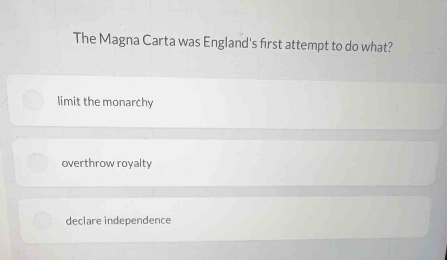 the magna carta was englands first attempt to do what? limit the monarc…