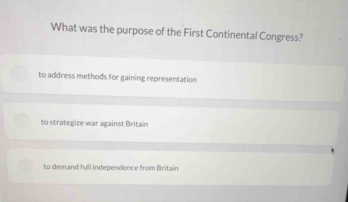 what was the purpose of the first continental congress? to address meth…