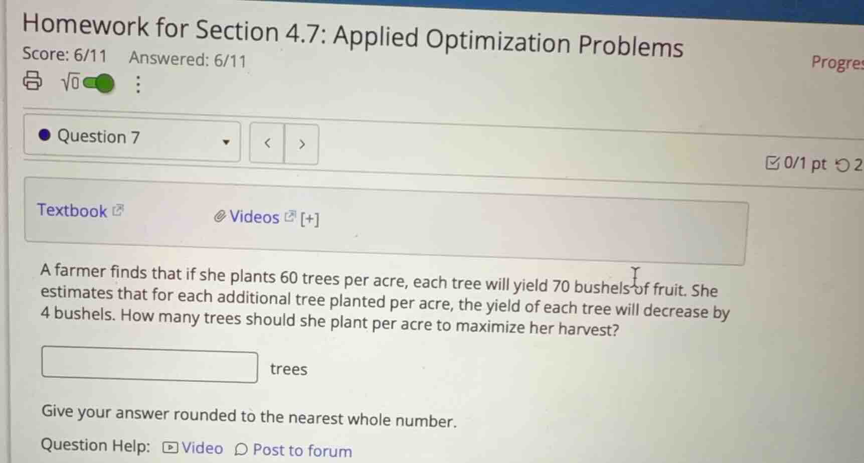 a farmer finds that if she plants 60 trees per acre, each tree will yie…
