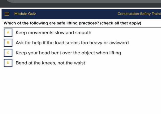 which of the following are safe lifting practices? (check all that appl…
