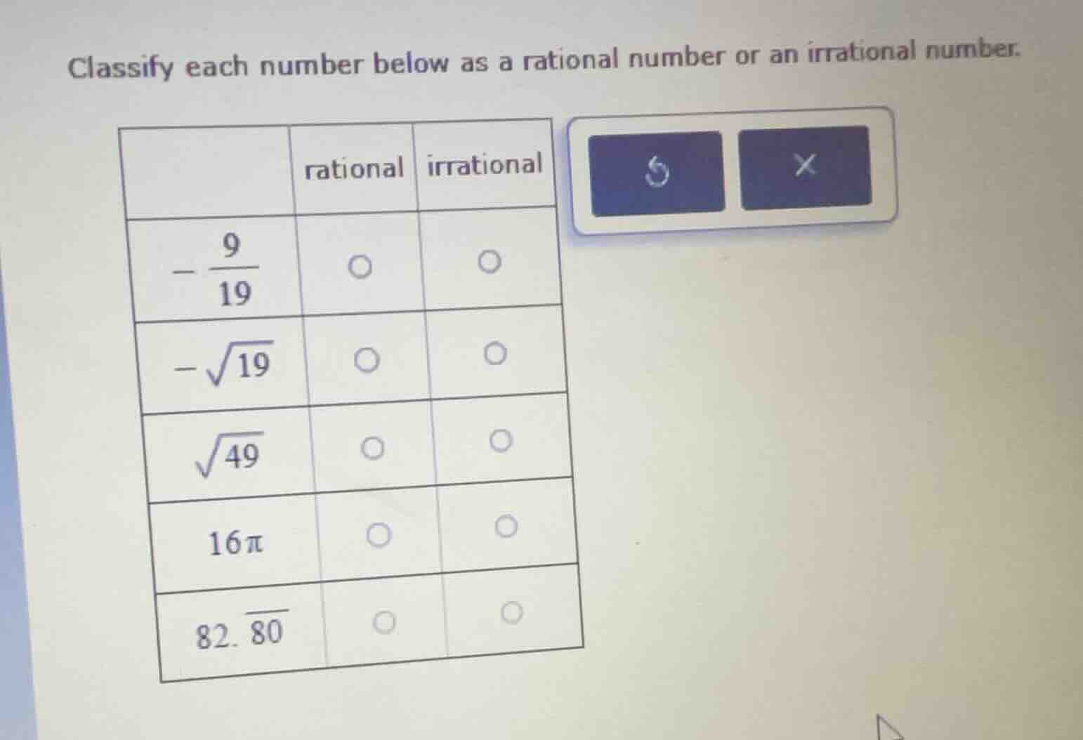 classify each number below as a rational number or an irrational number…