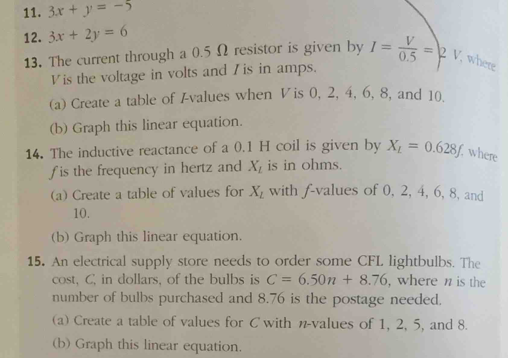 11. \\(3x + y = -5\\) 12. \\(3x + 2y = 6\\) 13. the current through a \…