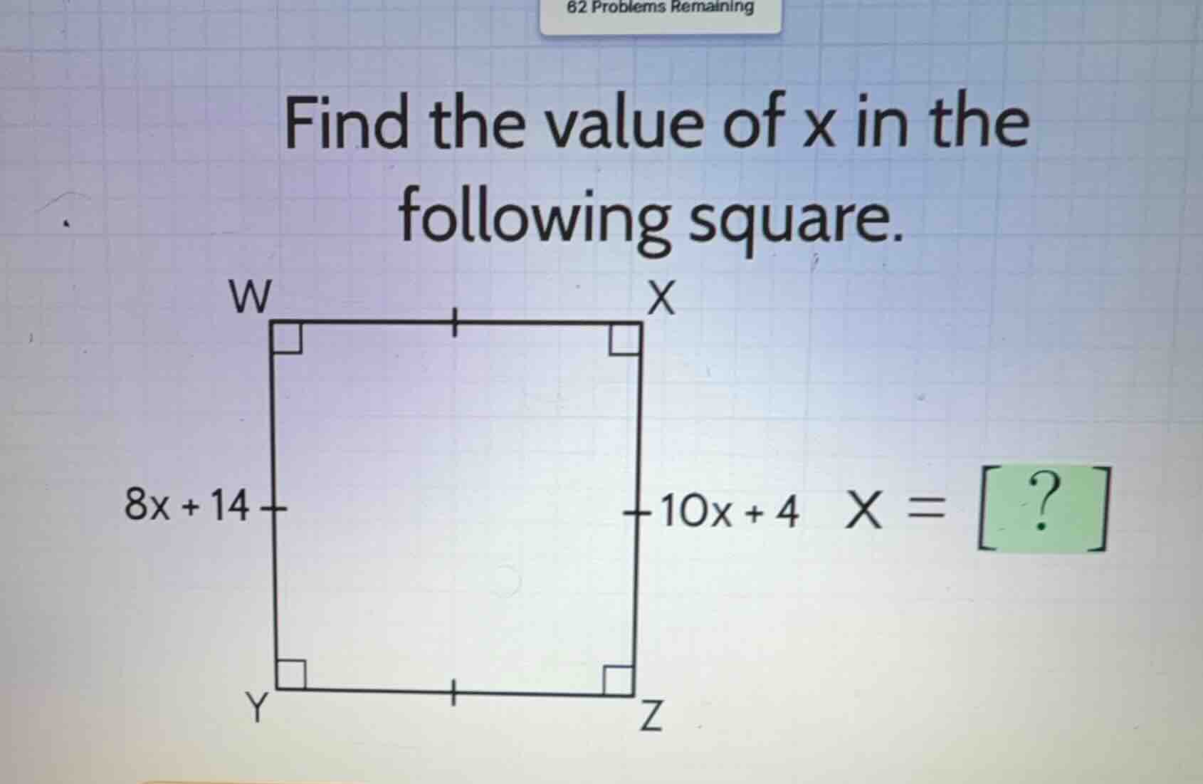 find the value of x in the following square. \\(w\\) \\(x\\) \\(8x + 14…