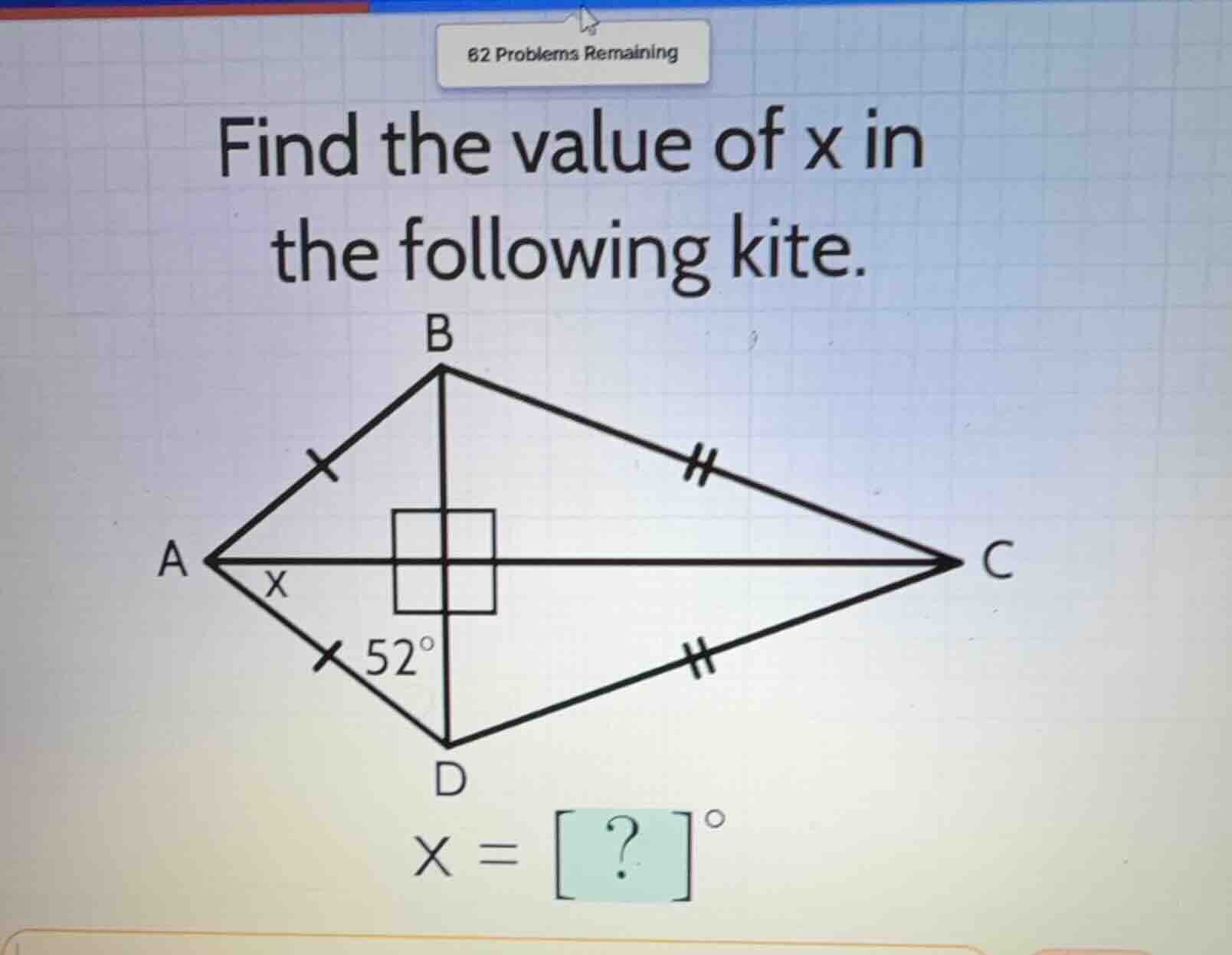 find the value of x in the following kite. \\(x = ?^\\circ\\)