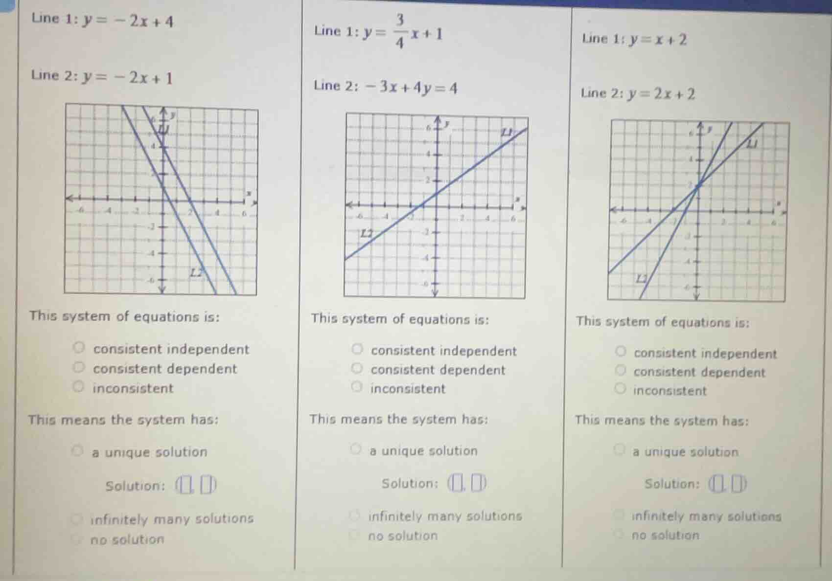 line 1: \\(y = -2x + 4\\) line 2: \\(y = -2x + 1\\) this system of equa…