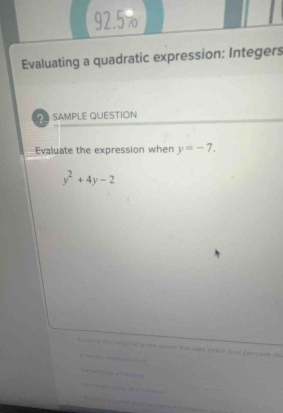evaluating a quadratic expression: integers sample question evaluate th…
