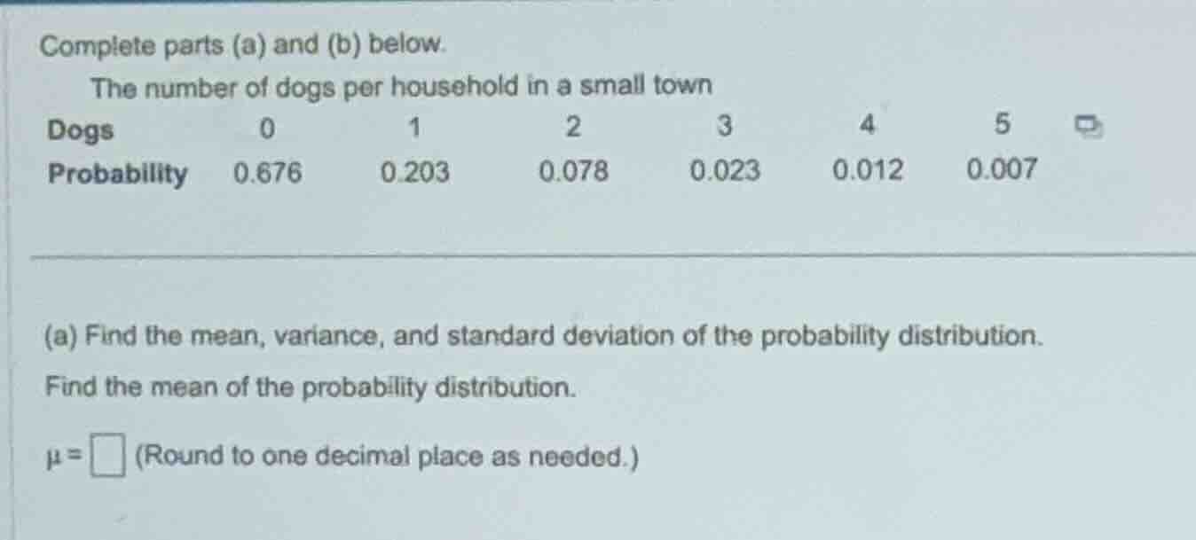 complete parts (a) and (b) below. the number of dogs per household in a…