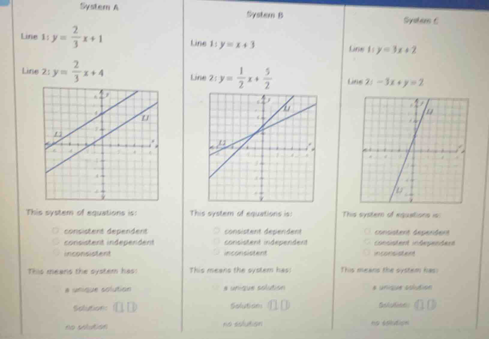 system a line 1: \\(y = \\frac{2}{3}x + 1\\) line 2: \\(y = \\frac{2}{3…