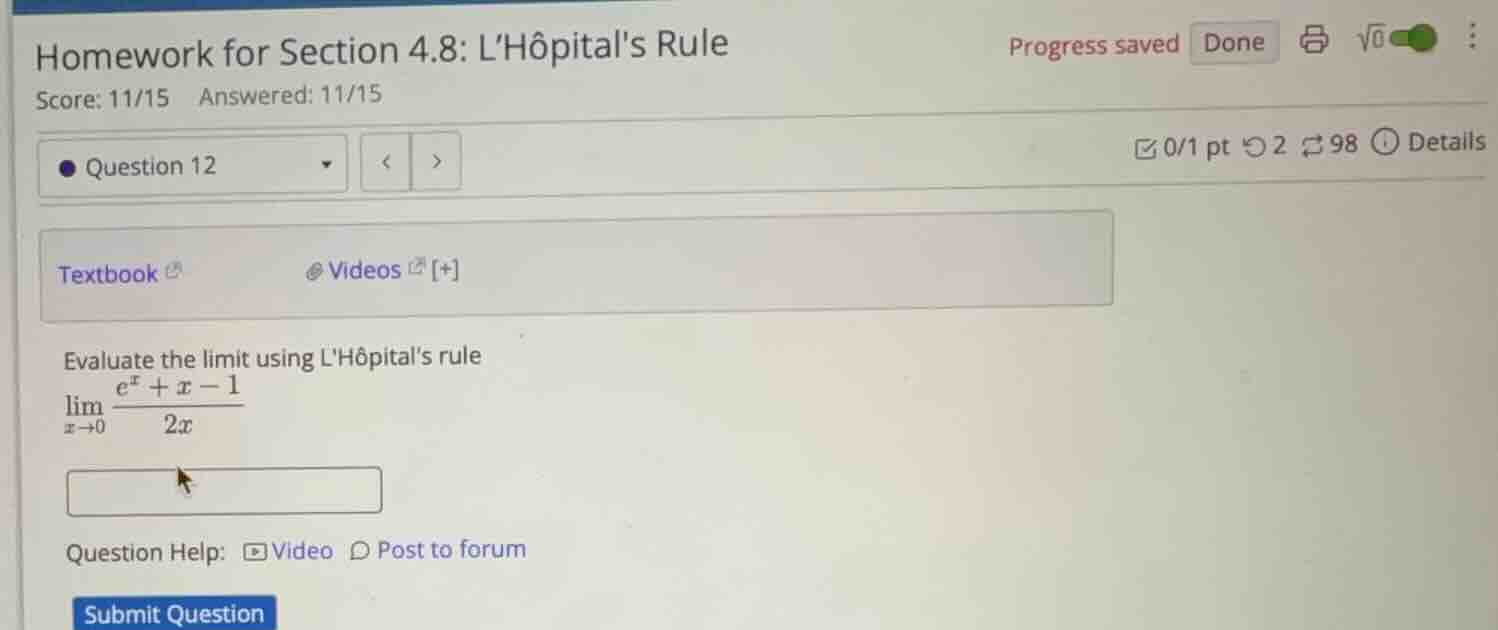 evaluate the limit using lhôpitals rule \\\\lim_{x \\to 0} \\frac{e^x +…