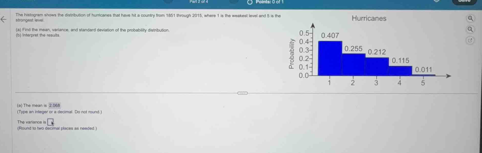 the histogram shows the distribution of hurricanes that have hit a coun…