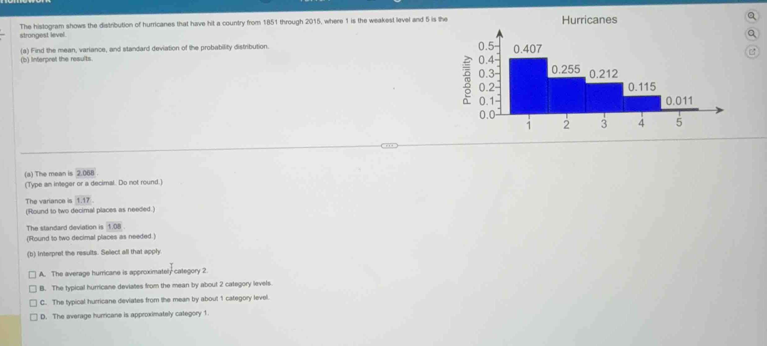the histogram shows the distribution of hurricanes that have hit a coun…