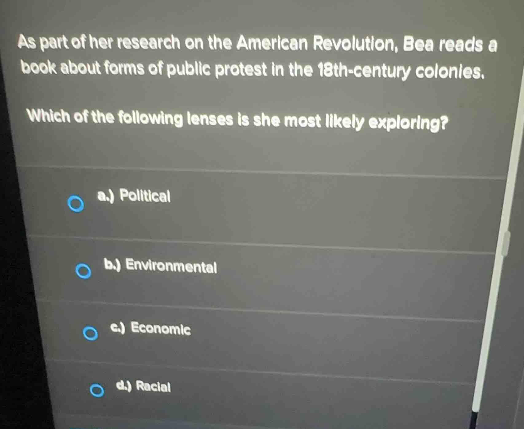 as part of her research on the american revolution, bea reads a book ab…