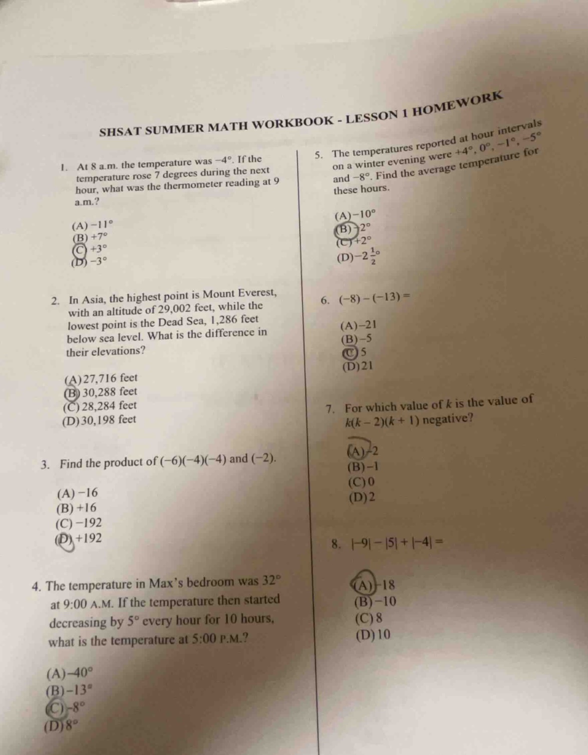 shsat summer math workbook - lesson 1 homework 1. at 8 a.m. the tempera…