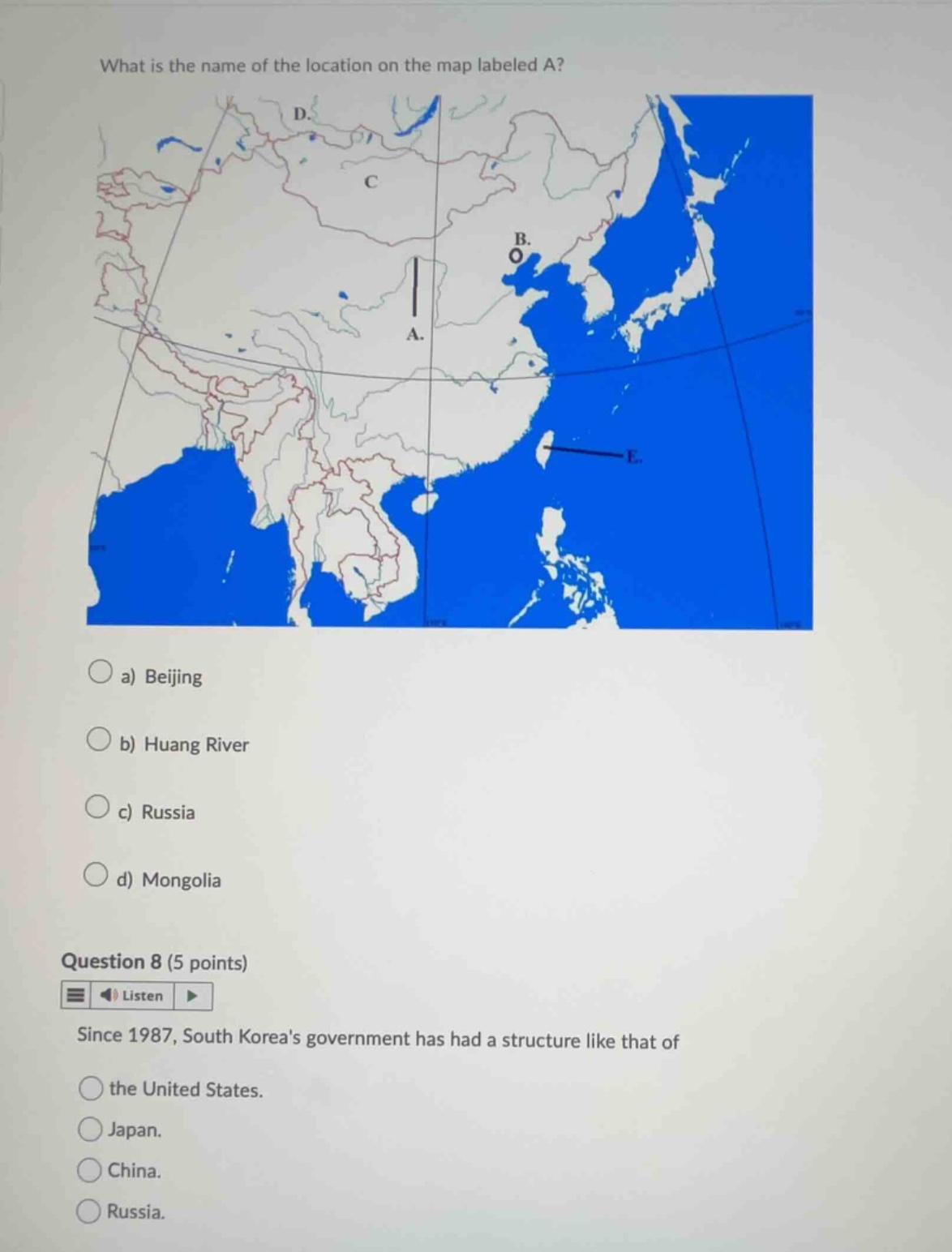 what is the name of the location on the map labeled a? a) beijing b) hu…