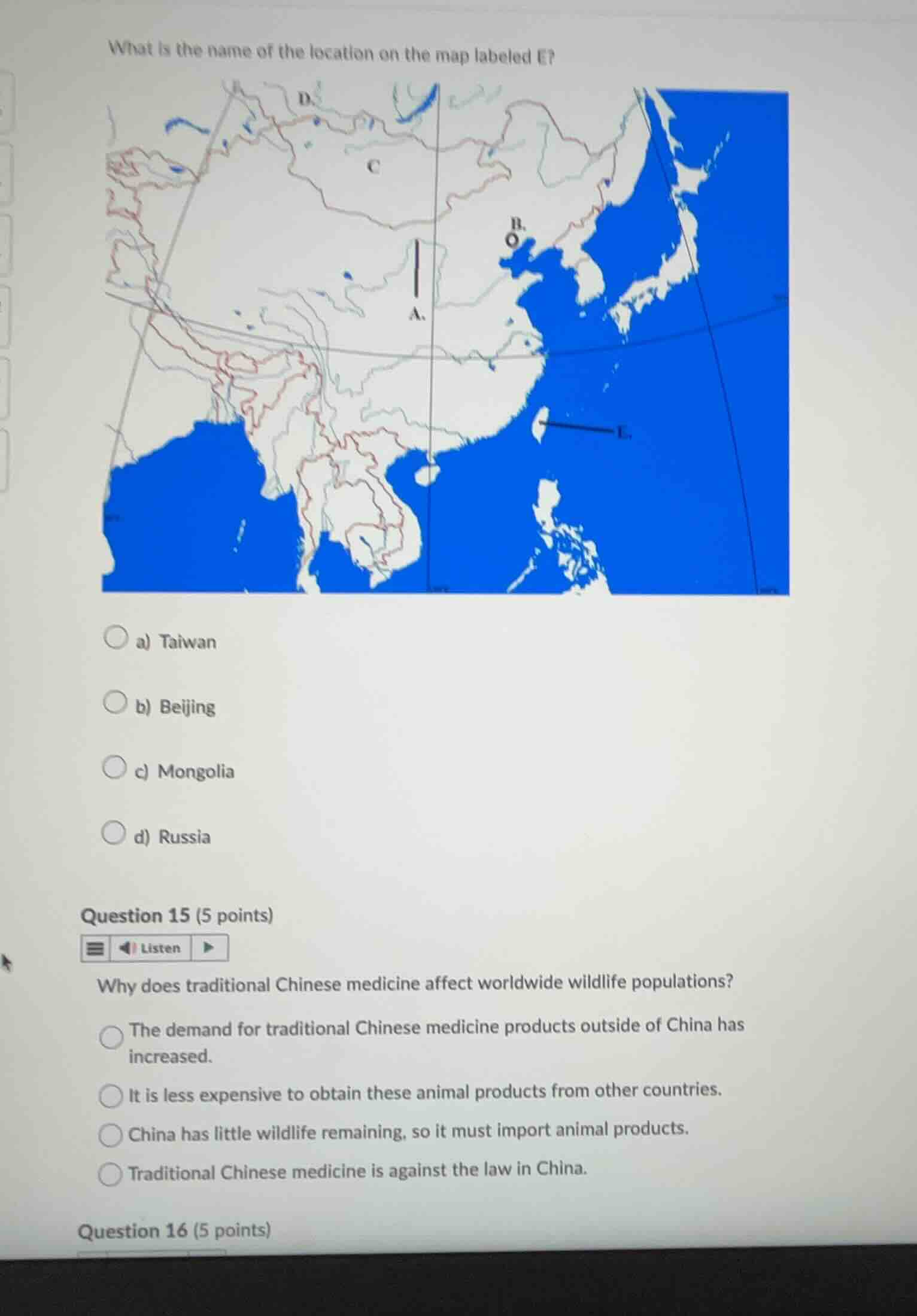 what is the name of the location on the map labeled e? a) taiwan b) bei…