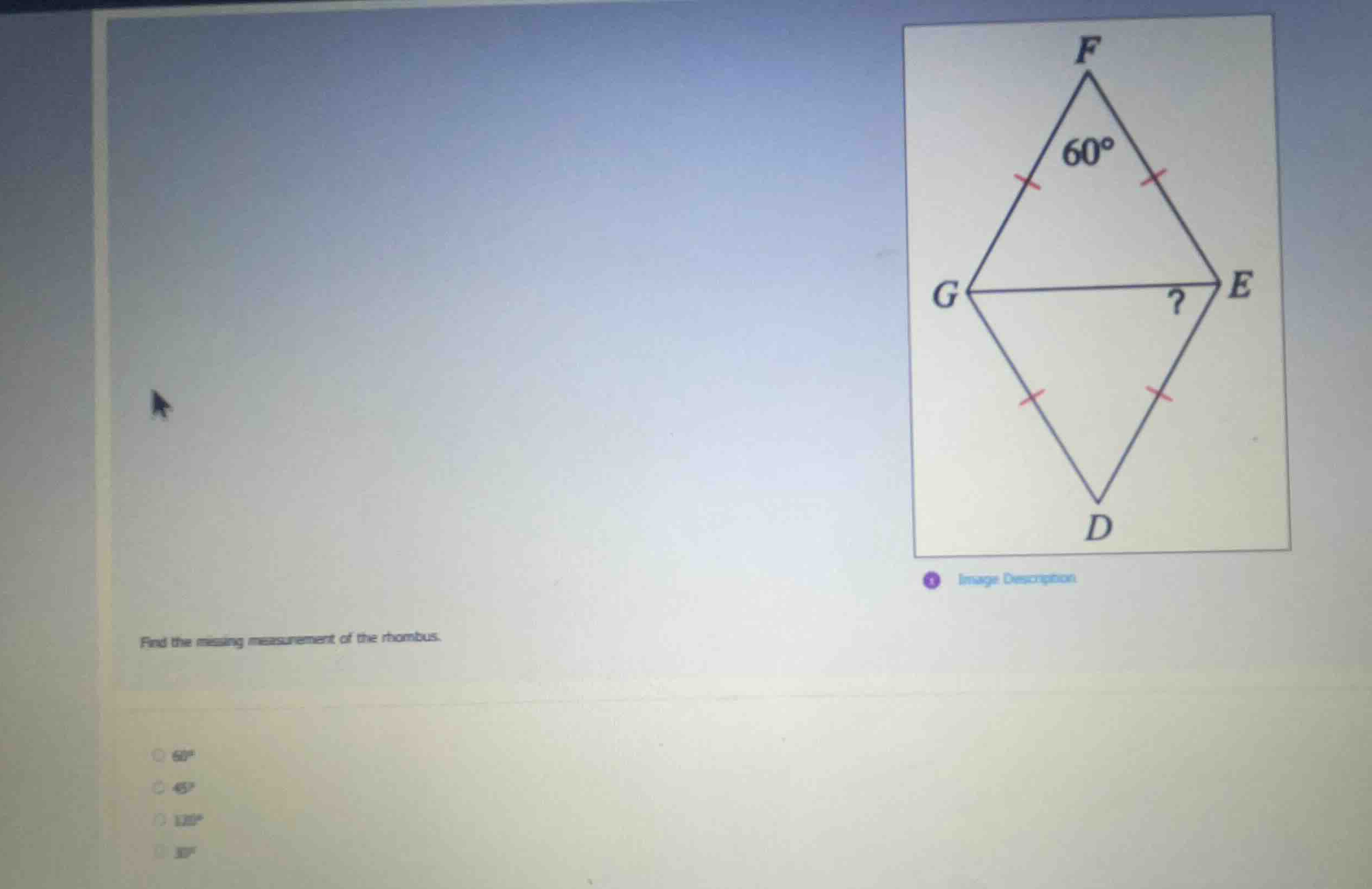 find the missing measurement of the rhombus. \\(60^\\circ\\) \\(45^\\ci…