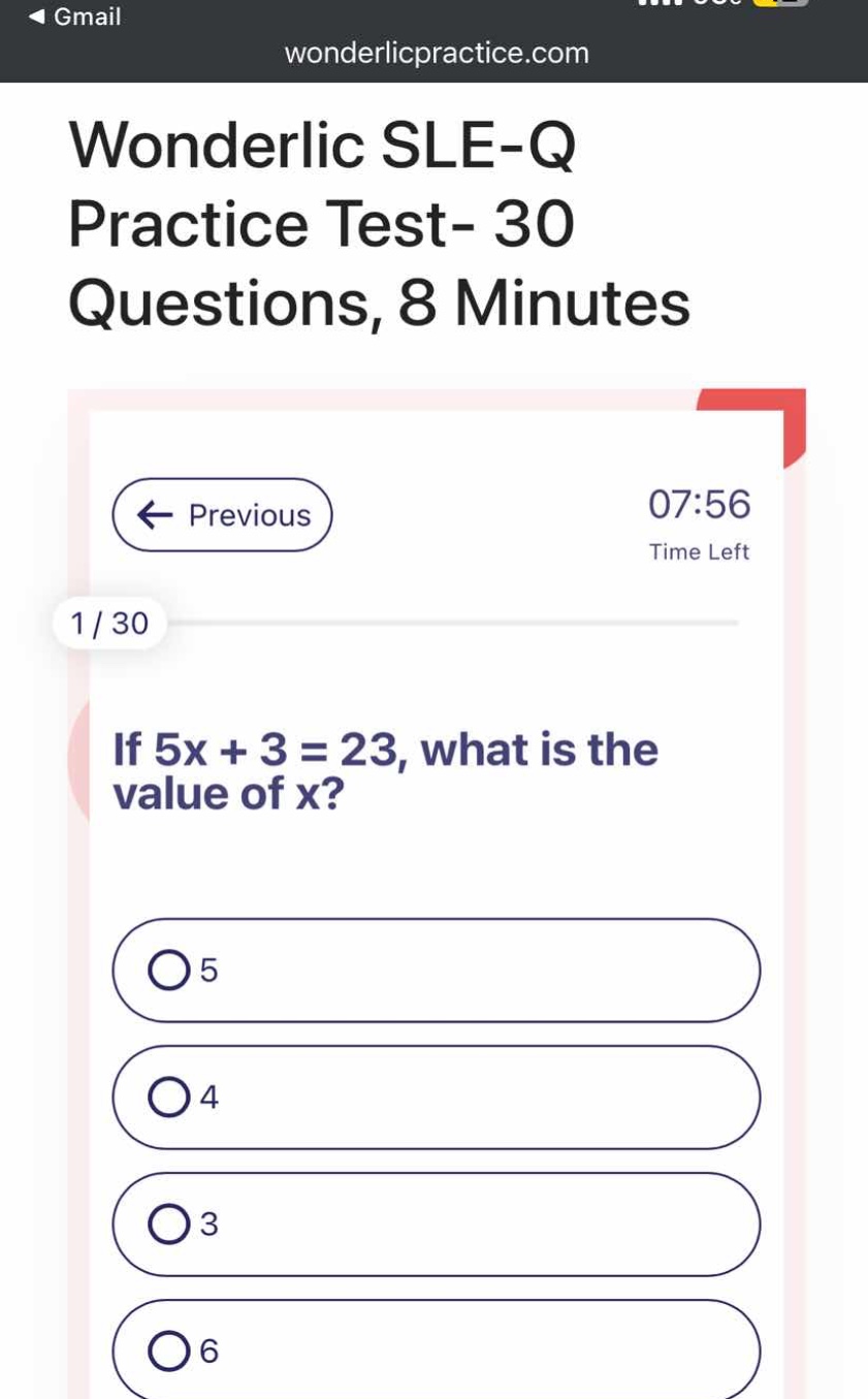 if \\(5x + 3 = 23\\), what is the value of \\(x\\)? 5 4 3 6