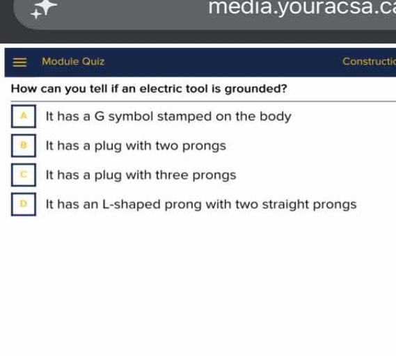how can you tell if an electric tool is grounded? a it has a g symbol s…