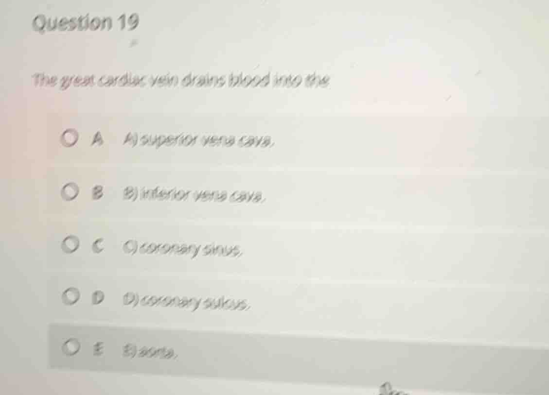question 19 the great cardiac vein drains blood into the a a) superior …