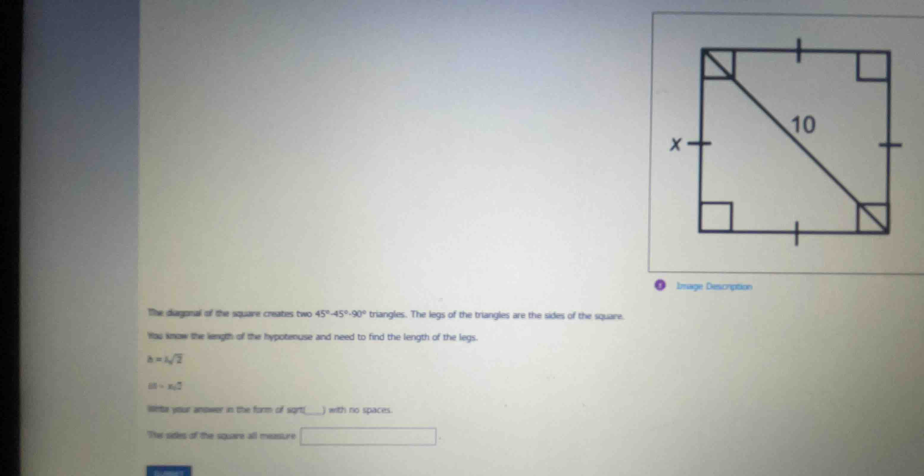 the diagonal of the square creates two \\(45^{\\circ}-45^{\\circ}-90^{\…