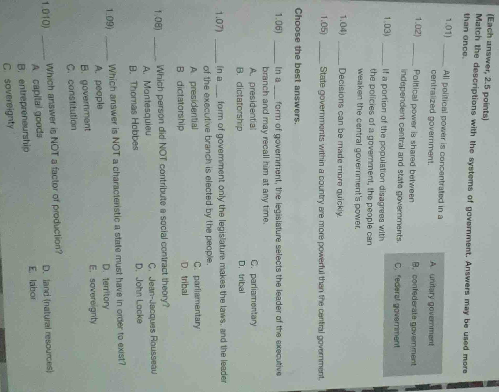 (each answer, 2.5 points) match the descriptions with the systems of go…