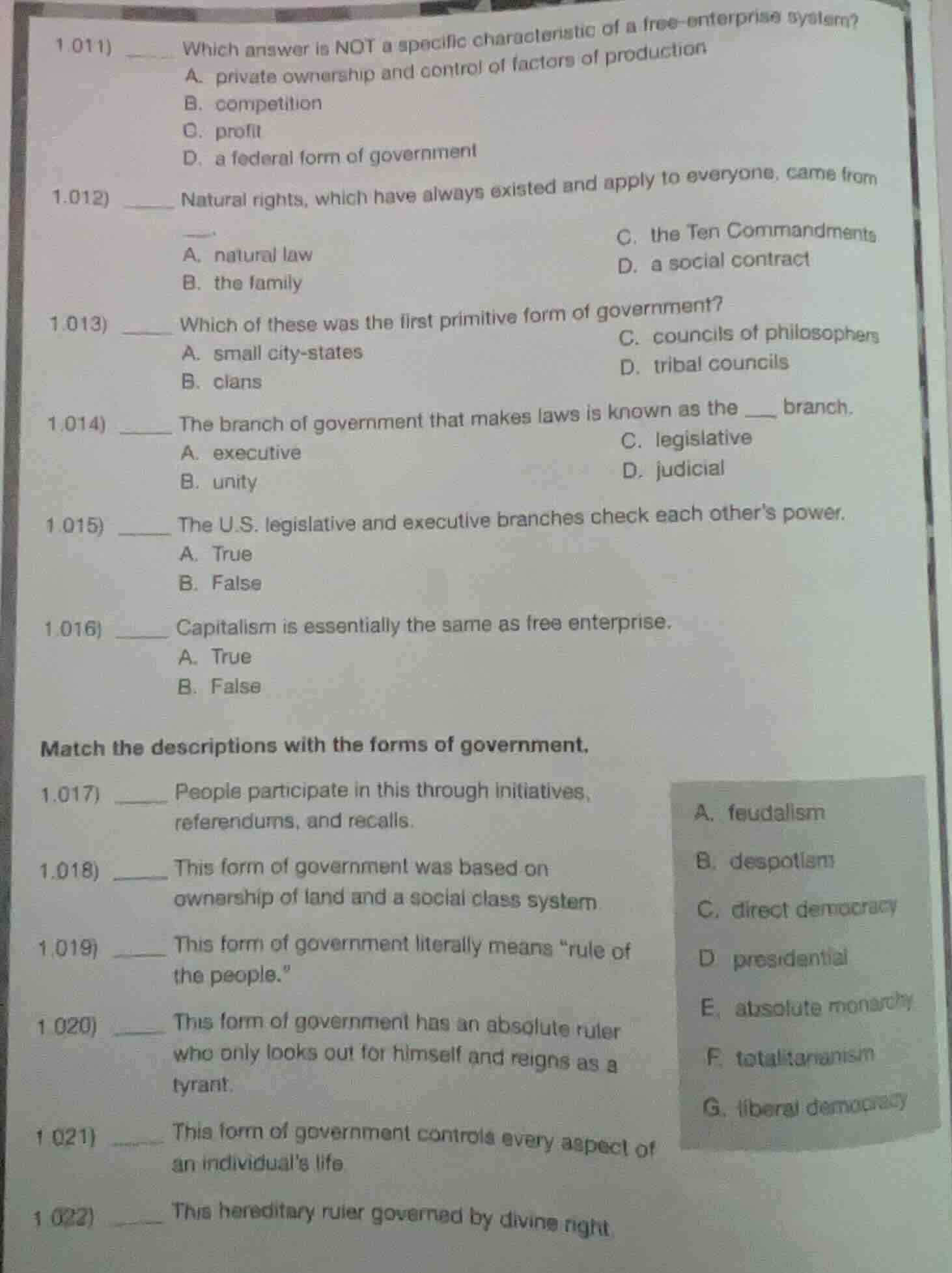 1.011) which answer is not a specific characteristic of a free-enterpri…