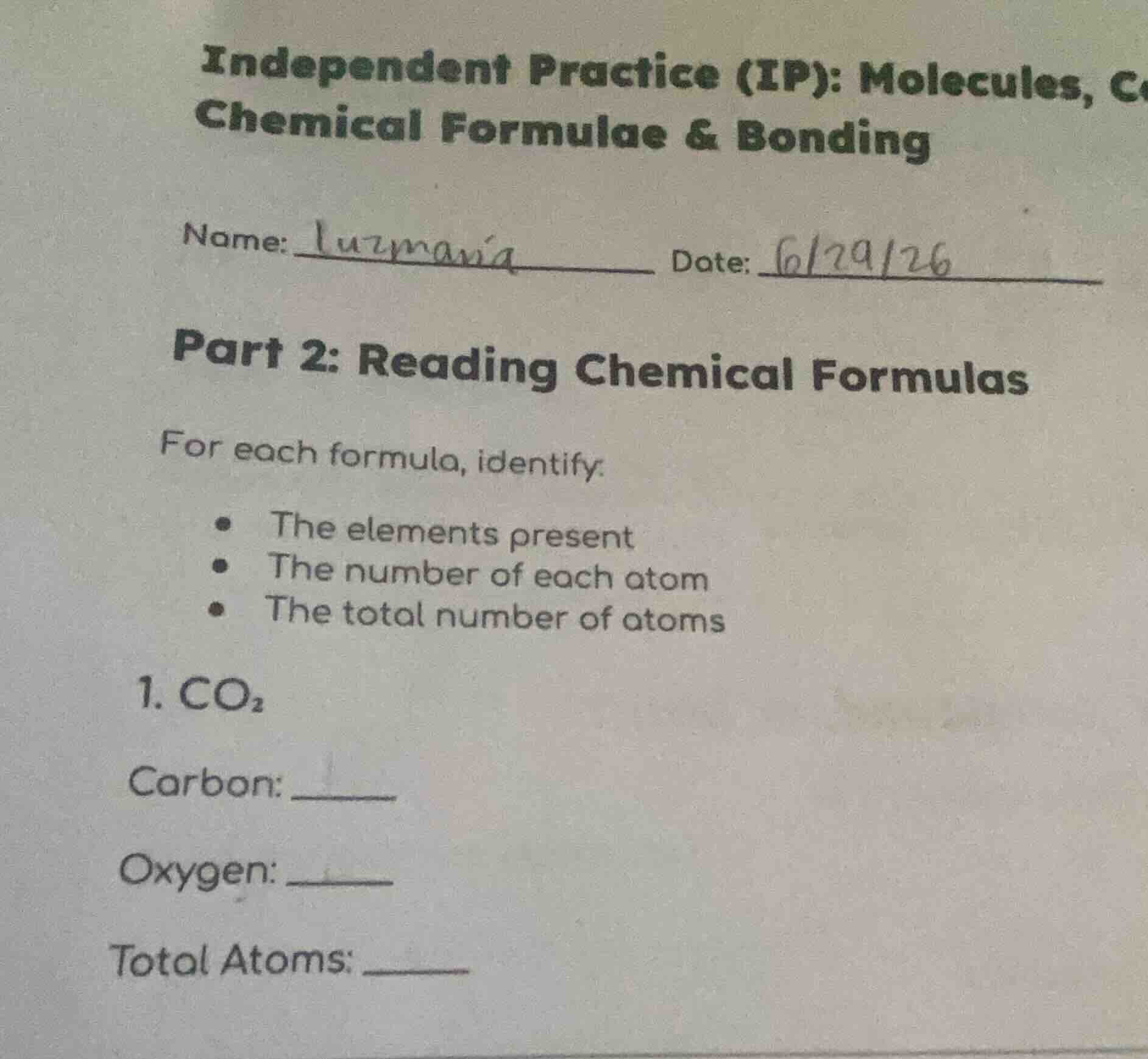 independent practice (ip): molecules, chemical formulae & bonding name:…