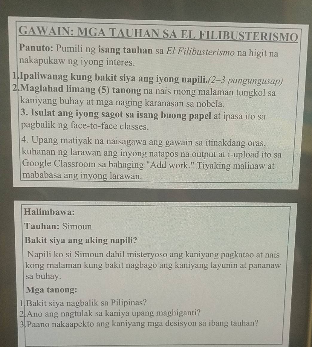 gawain: mga tauhan sa el filibusterismo panuto: pumili ng isang tauhan …