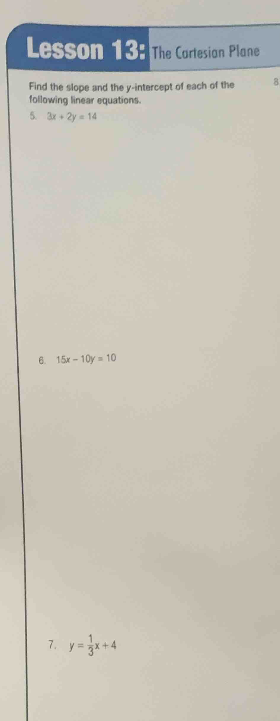 lesson 13: the cartesian plane find the slope and the y-intercept of ea…