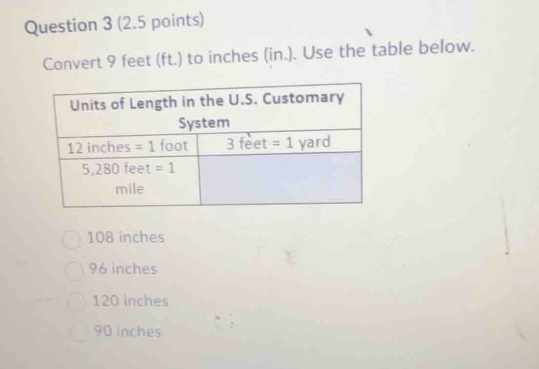 question 3 (2.5 points) convert 9 feet (ft.) to inches (in.). use the t…