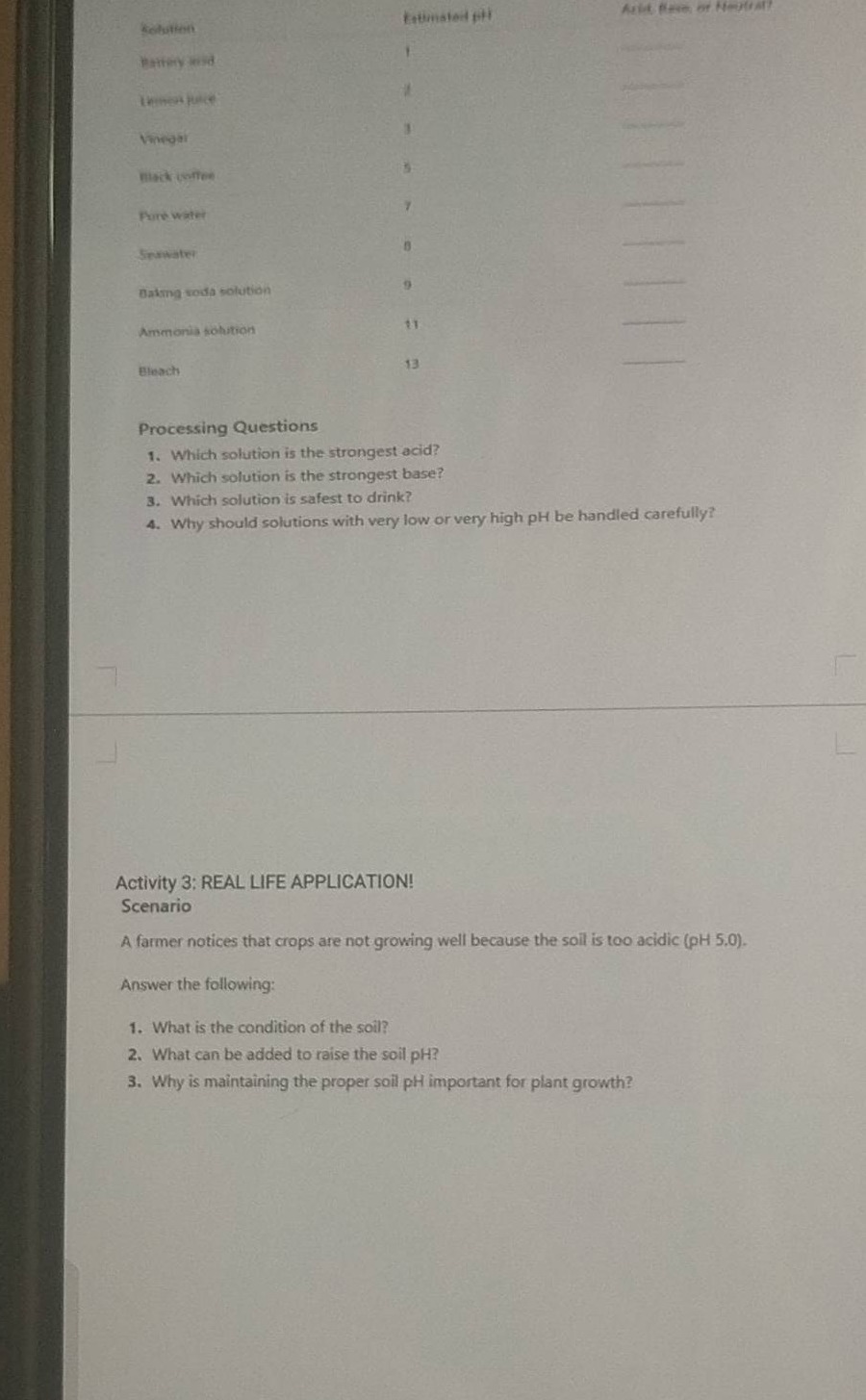 solution | estimated ph | acid, base, or neutral? battery acid | 1 | __…