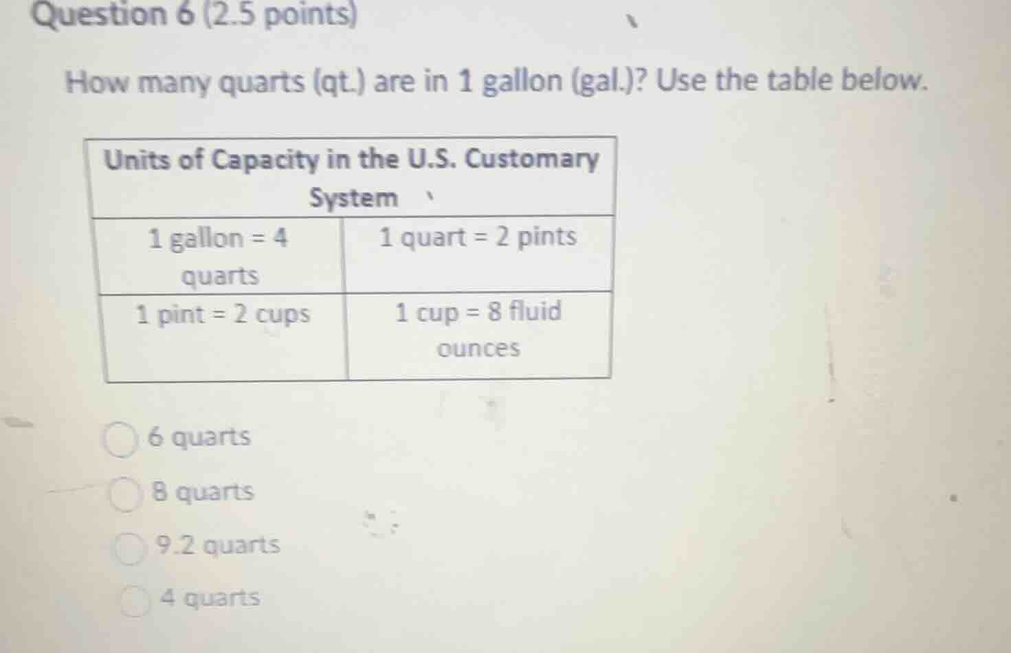 question 6 (2.5 points) how many quarts (qt.) are in 1 gallon (gal.)? u…