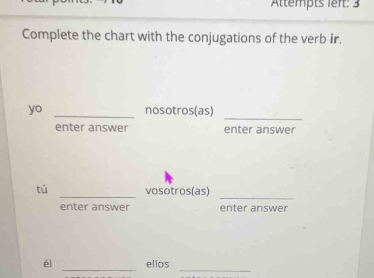 complete the chart with the conjugations of the verb ir. yo ______ noso…