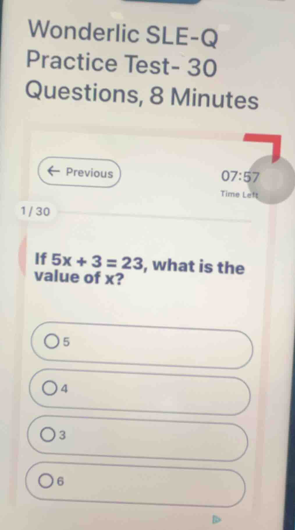 if \\(5x + 3 = 23\\), what is the value of \\(x\\)? 5 4 3 6